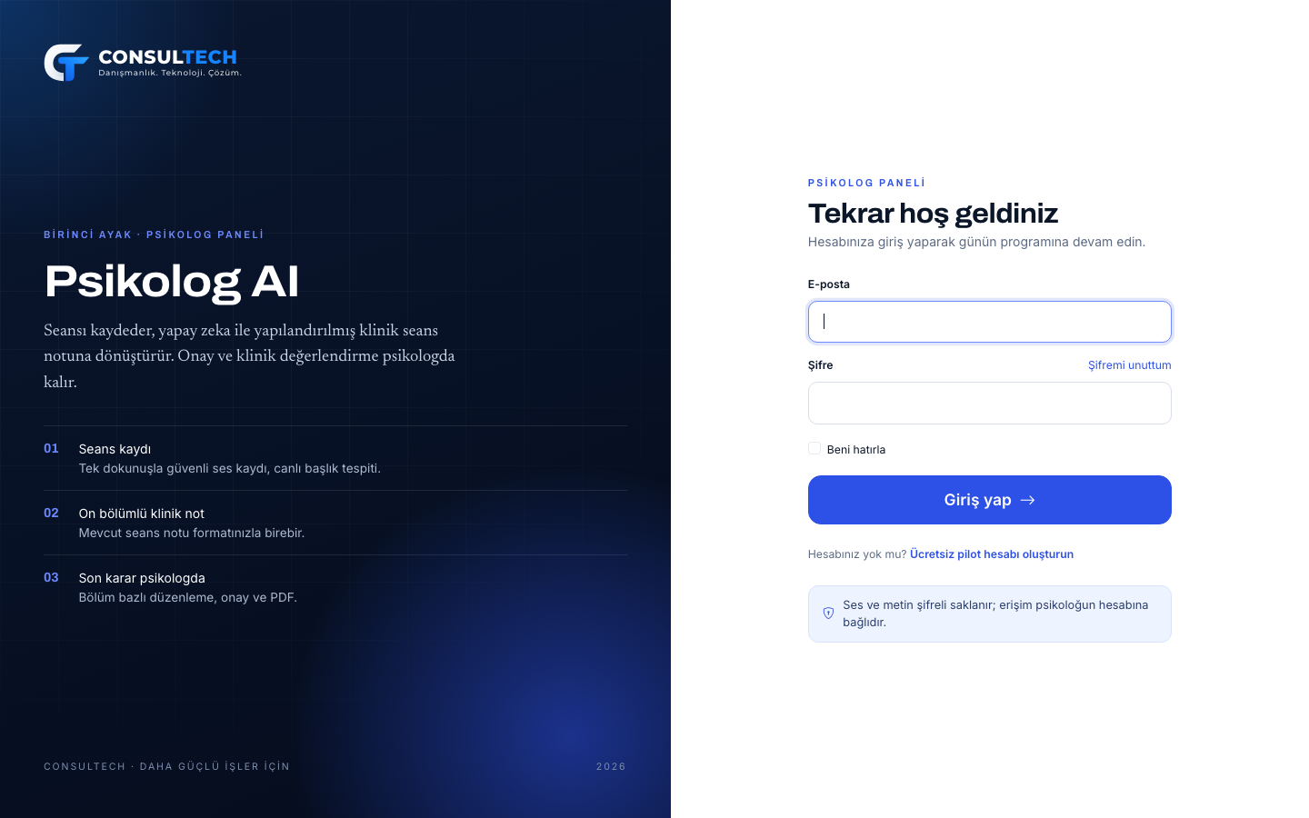 Psikolog AI giriş ekranı