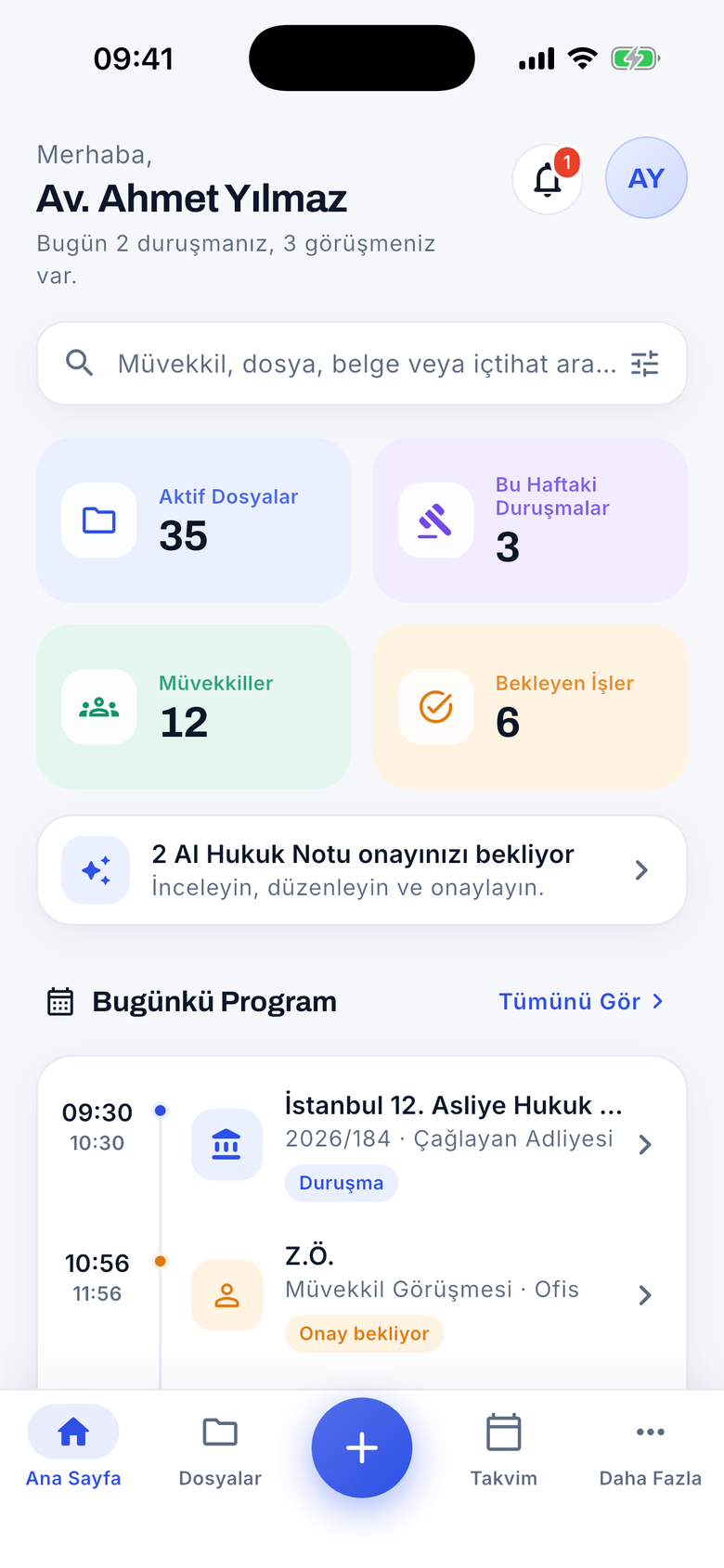 Avukat AI mobil uygulaması ana ekranı