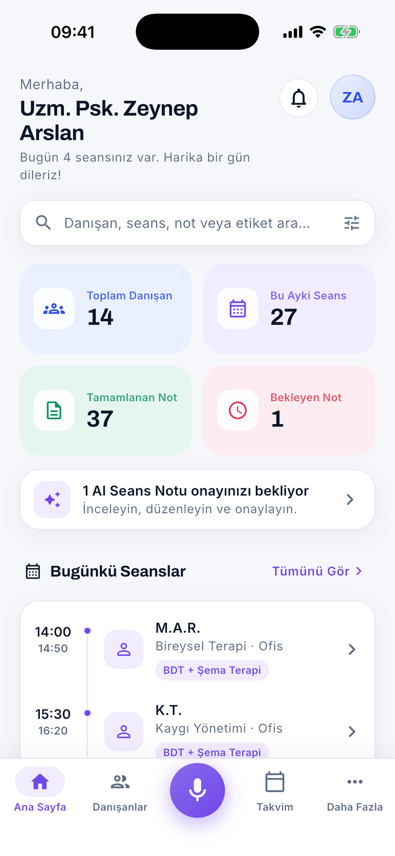 Psikolog AI mobil ana ekranı