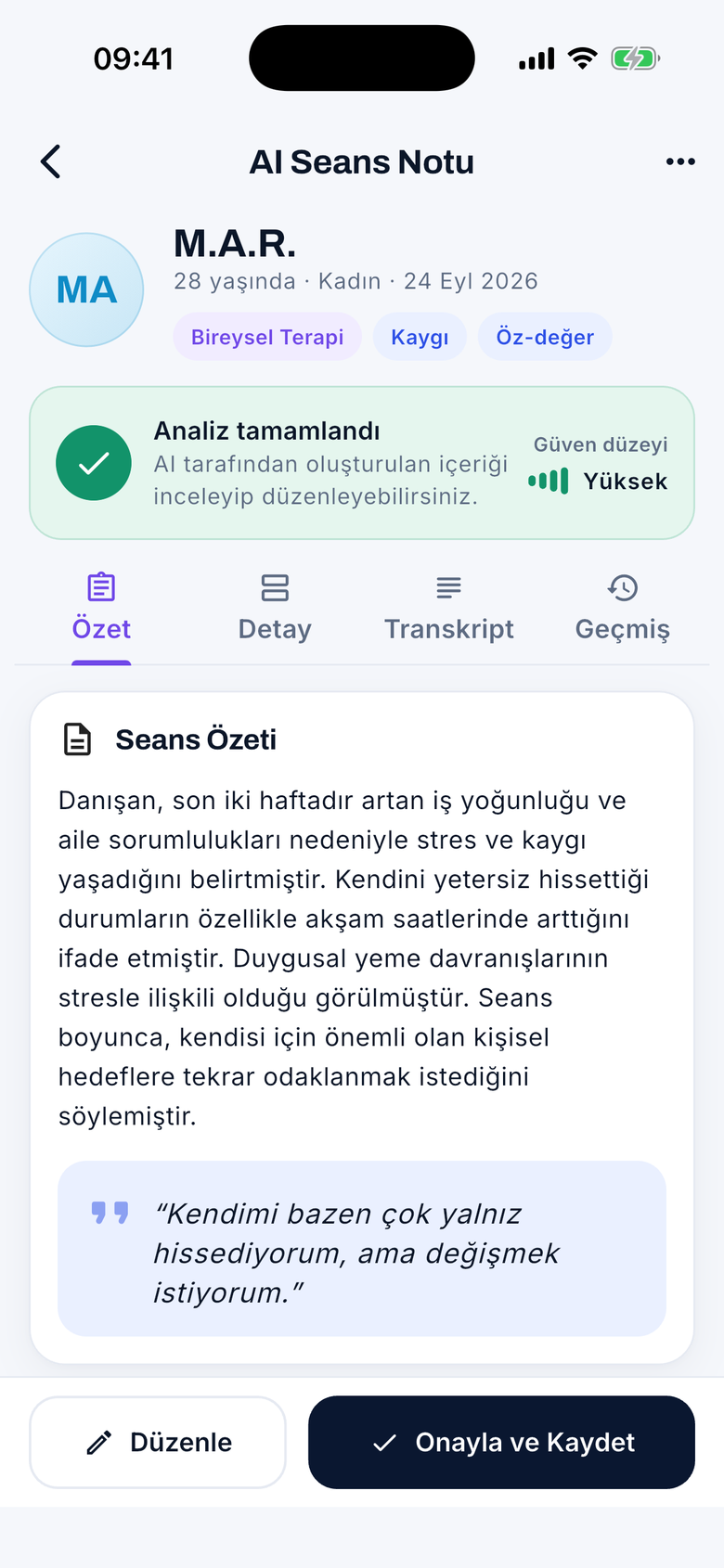 Psikolog AI mobil seans notu onay ekranı